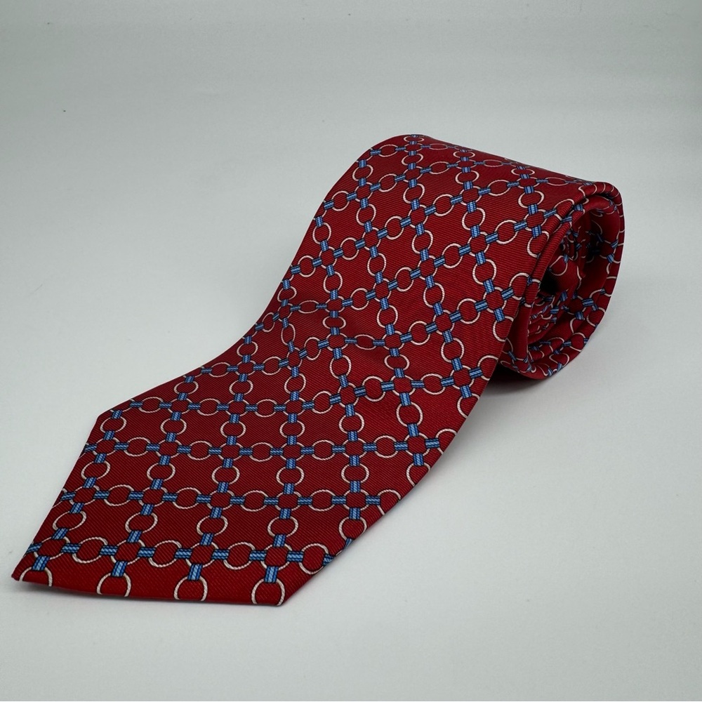 Brooks Brothers Men's 100% Silk Necktie USA‎ Designer Geometric Red White Blue